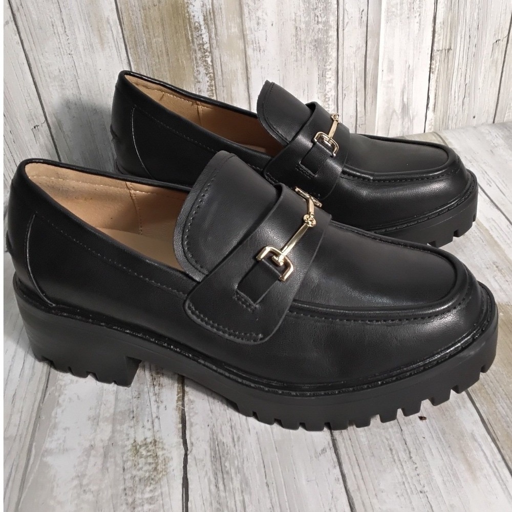 ZBY Black Leather Lug Sole Loafers Women's Size 5 Chunky Platform Horsebit shoe